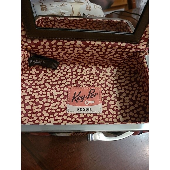Fossil Key-Per Brown Floral Make Up/travel With Mirror Metal Snap 6.5"x4"x2" - Picture 7 of 9